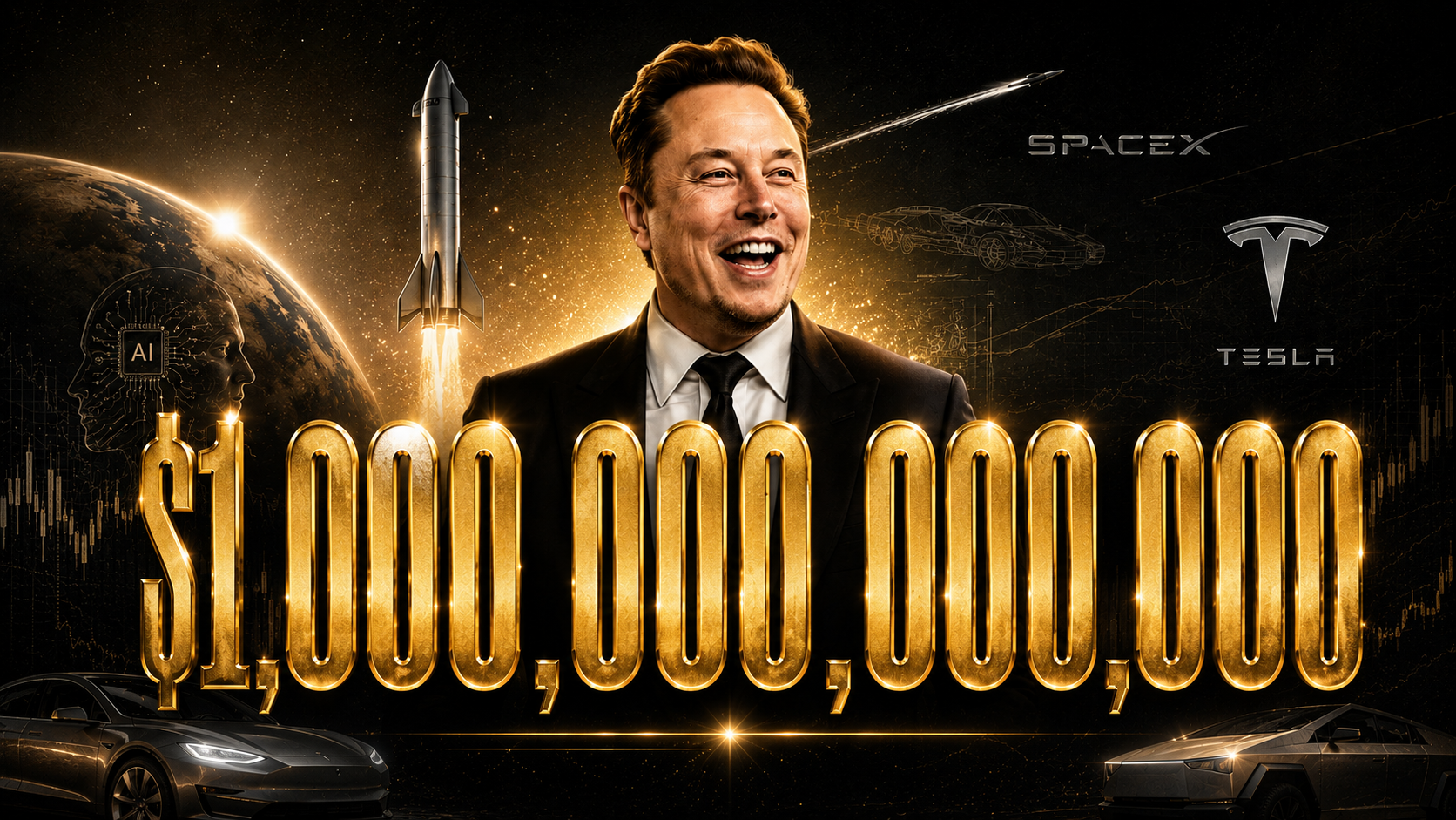Ilustración de Elon Musk, SpaceX, Tesla y una cifra de un billón de dólares