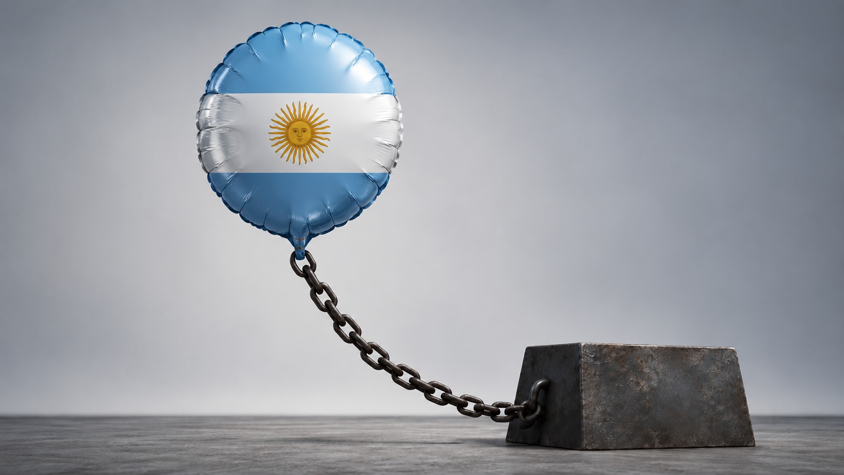 Globo con los colores de la bandera argentina sujeto por una cadena a un bloque metálico
